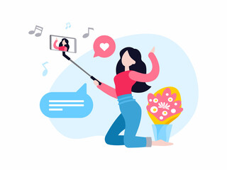 Vlogger shooting video. Female cartoon character video blogger holding smartphone on selfie stick and taking selfie with flowers on floor. Internet influencer, fashion model. Flat vector illustration