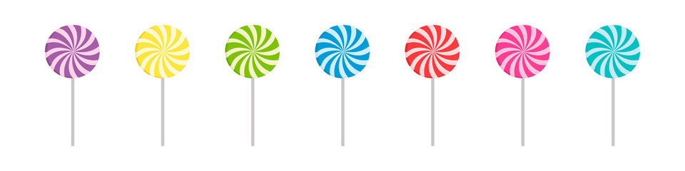 Set of colorful sweet lollipops. Round candies on a stick. Delicious and appetizing. Vector illustration.