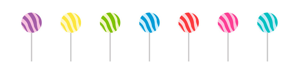 Set of colorful sweet lollipops. Round candies on a stick. Delicious and appetizing. Vector illustration.