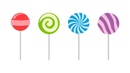 Set of colorful sweet lollipops. Round candies on a stick. Delicious and appetizing. Vector illustration.