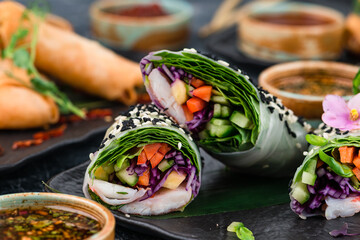 Crispy Chinese Traditional Spring rolls food on set