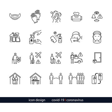 Coronavirus Safety Vector Collection Icons of Mask, Gloves, Soap, Cleaning Hands, Napkin,  Do not touch Eyes, Nose and Lip, Alcohol, Smartphone, Coughing, Face Shield, Stay Home,  Social Distancing