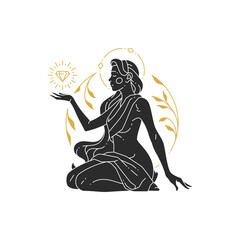 Beautiful bohemian woman with floral decor and gemstone silhouette.