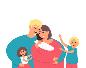 Large family with three children. Newborn in mom's arms. Two children hug their parents. Family day card. Flat vector illustration.