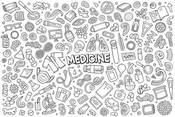 Cartoon set of medicine theme items, objects and symbols