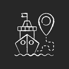 Ship tracking chalk white icon on black background. Automatic gps tracking system that uses transceivers on ships and boats. Satellites location finding. Isolated vector chalkboard illustration