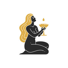 Beautiful woman kneeling and holding goblet silhouette