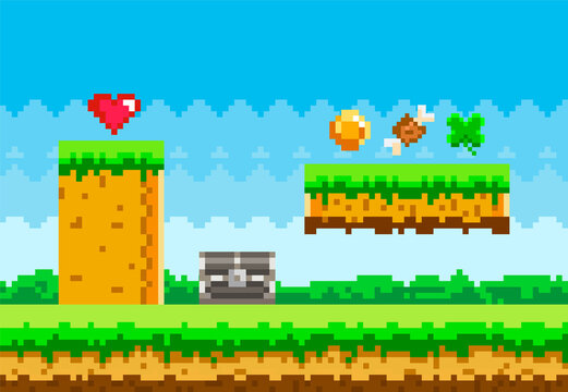 Pixel game background with green grass platform and items collected during gameplay, coins, heart