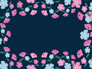 Teal Blue Background Decorated With Flowers And Leaves.