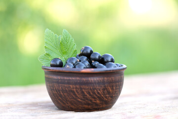 black currant berries in brown bowl with currant leaf on light green natural background. Summer farm harvest outside in country. Selective focus