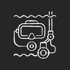 Underwater inspection chalk white icon on black background. Easily inspect areas that are too small for divers to enter. Helps to avoid unnecessary down time. Isolated vector chalkboard illustration