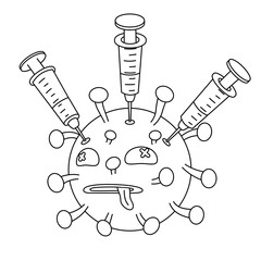Outline of Coronavirus molecule with syringes. Cartoon black and white coronavirus after vaccination.  