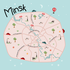 Cute pink and turquoise map of Minsk with roads, parks. Simple vector illustration