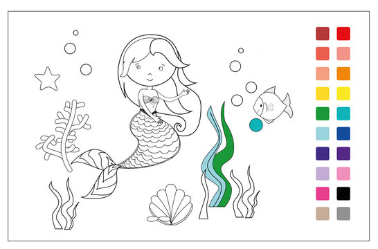 Beautiful mermaid and underwater world on white background, illustration. Coloring page