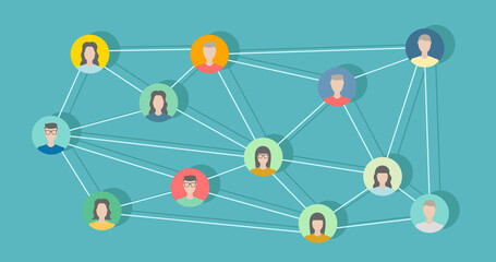 Vector illustration of social network scheme, which contains flat people icons. Community. Vector illustration.