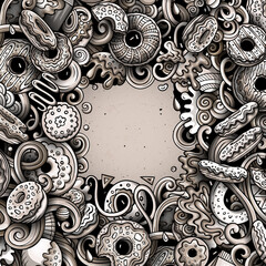 Donuts hand drawn vector doodles illustration. Sweets frame card design