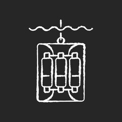 Water sampler chalk white icon on black background. Water sampling devices. Bucket dropped over side of boat. Large water bottles sent into ocean on wire. Isolated vector chalkboard illustration