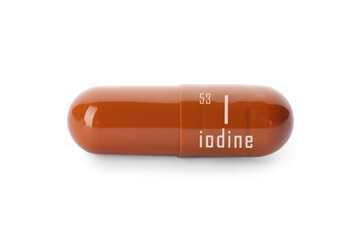 Iodine capsule on white background. Mineral element