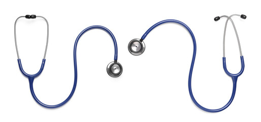 Stethoscopes on white background, top view. Banner design