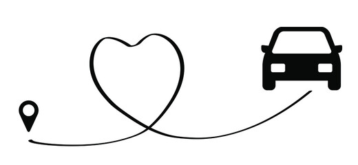 Vacation route, point location holiday symbol. Love car route with pin, romantic travel day. Line pattern. Vector love with heart sign.