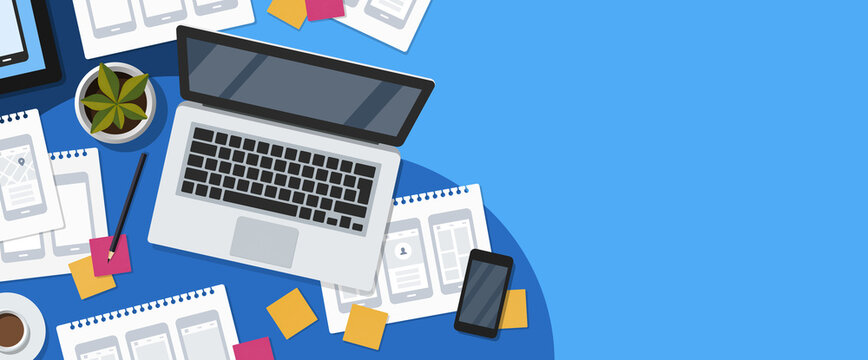 UX UI design concept web banner with copy space. User experience designer workspace with mobile app wireframe sketches. Top view
