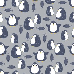 Seamless pattern with cute penguins and fishes. Isolated objects. Vector illustration for fabric, postcards, wallpapers, covers, packaging, wrapping paper.
