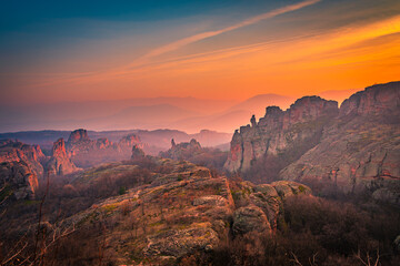 Dreamy sunset over the mountains in Belogradchik, Bulgaria 