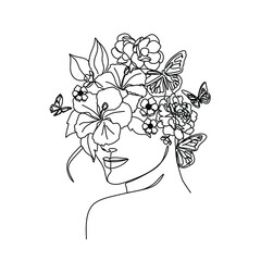 Woman line drawing line art flower head vector image. Logo