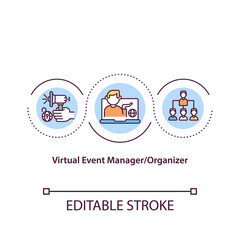 Virtual event manager concept icon. VE organizer idea thin line illustration. Engaging digital experience. Online session management. Vector isolated outline RGB color drawing. Editable stroke