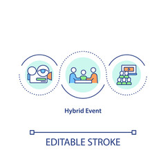 Hybrid event concept icon. Live and virtual components mix idea thin line illustration. Remote and in-person attendees connection. Vector isolated outline RGB color drawing. Editable stroke