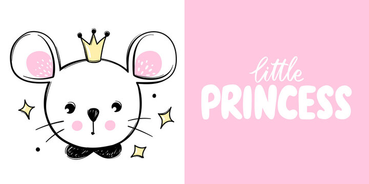 Cute mouse princess with crown isolated on white. Mice illustration. Doodle animal face. Vector character. Hand drawn cartoon Rodent.