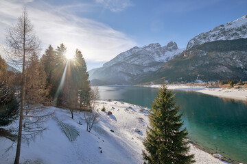 Beautiful view of lake Molveno during winter 