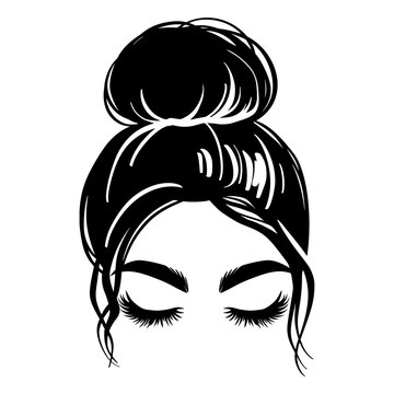 Messy hair bun, vector woman silhouette. Beautiful girl drawing illustration. Female hairstyle.