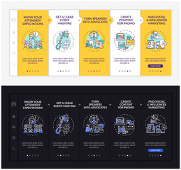 Online conference marketing onboarding vector template. Responsive mobile website with icons. Web page walkthrough 5 step screens. Event hashtag night and day mode concept with linear illustrations