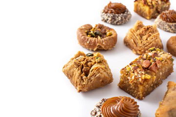  Assortment of Ramadan dessert baklava and dates isolated on white background