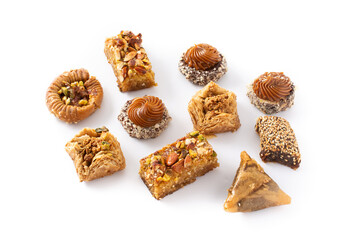  Assortment of Ramadan dessert baklava and dates isolated on white background