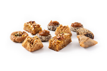 Assortment of Ramadan dessert baklava and dates isolated on white background