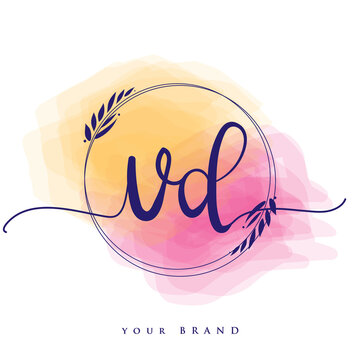 VD Initial handwriting logo. Hand lettering Initials logo branding, Feminine and luxury logo design isolated on colorful watercolor background.
