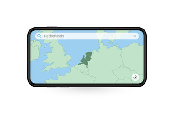 Searching map of Netherlands in Smartphone map application. Map of Netherlands in Cell Phone.