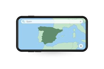 Searching map of Spain in Smartphone map application. Map of Spain in Cell Phone.