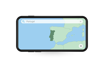 Searching map of Portugal in Smartphone map application. Map of Portugal in Cell Phone.