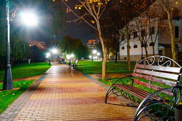 autumn city park at night, trees with yellow leaves, street lights and benches