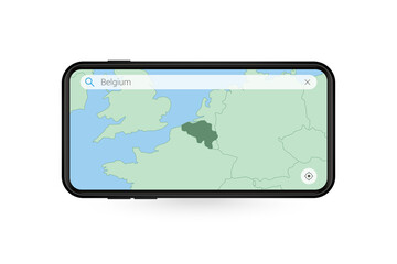 Searching map of Belgium in Smartphone map application. Map of Belgium in Cell Phone.