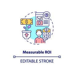 Measurable ROI concept icon. Digital marketing strategy. Online PR campaign benefit. Smart content idea thin line illustration. Vector isolated outline RGB color drawing. Editable stroke