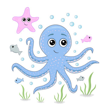 Vector illustration of a sea octopus and a starfish, fish on a white background.