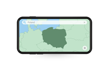 Searching map of Poland in Smartphone map application. Map of Poland in Cell Phone.