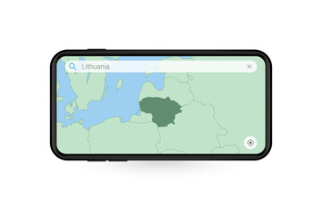Searching map of Lithuania in Smartphone map application. Map of Lithuania in Cell Phone.
