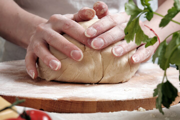 Obraz na płótnie Canvas Women's hands knead the dough from wheat flour