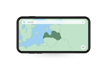 Searching map of Latvia in Smartphone map application. Map of Latvia in Cell Phone.