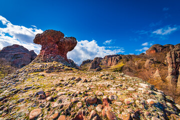Monolithic rocks formation in the shape of a mushroom in Belogradchik, Bulgaria 